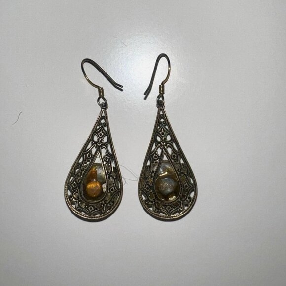 Handmade Vintage Bronze Filigree Teardrop Earrings with Antique Button - Picture 2 of 3